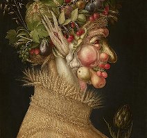 Painting of person's profile made up of fruit.